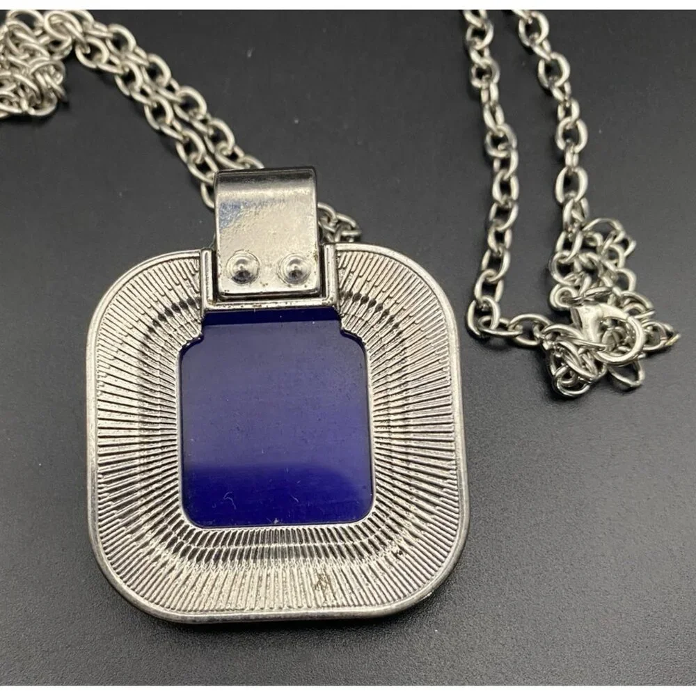 Royal Blue Cat's Eye Pendant Iced Out CZ Hip Hop Silver Tone  Chain Cable 34+2" - Picture 3 of 6